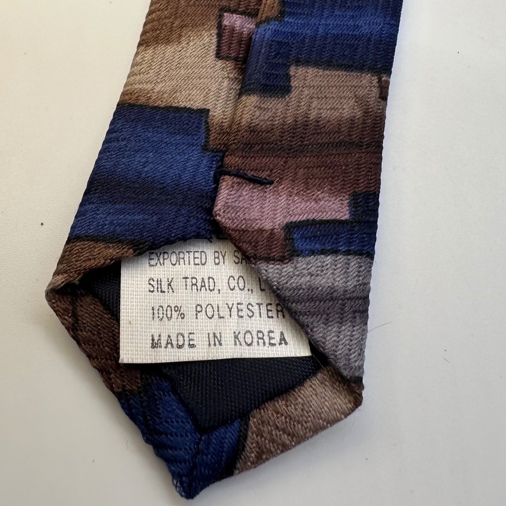 Fratello Necktie Blue Brown Abstract Geometric Pattern Silk Blend Tie - Picture 10 of 12
